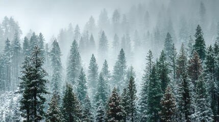 Dense evergreen forest covered in snow with mist and fog trees winter