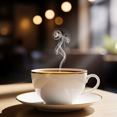 White coffee cup with gold rim steaming on wooden table with blu