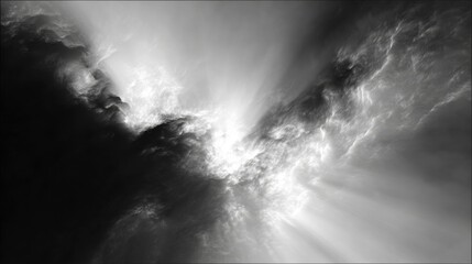 Ethereal light streams through dramatic clouds, creating a stark contrast in black and white tones.