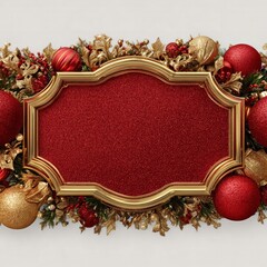 Elegant Christmas frame with golden ornaments and red velvet background, perfect for festive designs and seasonal decorations.