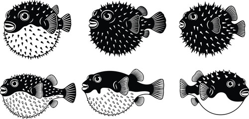Set of stylized pufferfish and blowfish vector illustrations featuring spiky, inflated, smooth, detailed, and cartoon designs for marine artwork