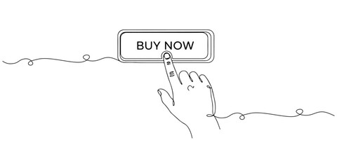 Continuous one line of a hand clicking a “Buy Now” button, symbolizing conversion, ecommerce engagement, and user action, drawn vector illustration.