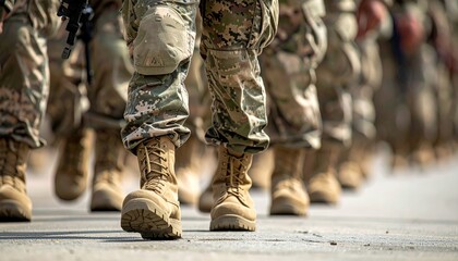 Soldiers in uniform marching in a crowd on a snowy city street during a military parade