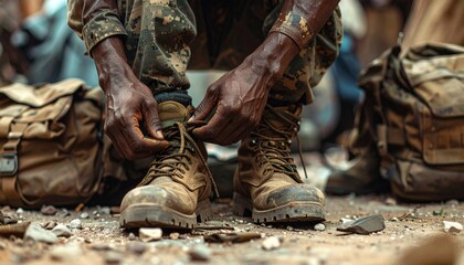 Old military boots on the ancient stone floor of a Thai temple, surrounded by tree roots and religious architecture