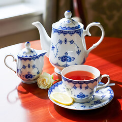 White porcelain tea set blue floral pattern tea cup teapot cream