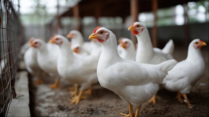 Healthy poultry farm with white chickens in a rustic outdoor setting showcasing vibrant farm animals, natural environment, and modern poultry farming practices