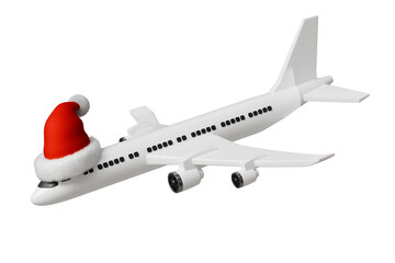 3d airplane with santa hat icon. christmas travel concept. Minimal cartoon plane jet airliner xmas for holiday flight sale and travel banner. isolated on white background. 3d render.