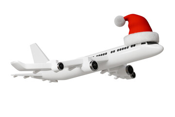 3d airplane with santa hat icon. christmas travel concept. Minimal cartoon plane jet airliner xmas for holiday flight sale and travel banner. isolated on white background. 3d render.