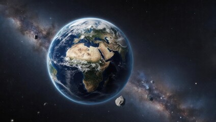 Fototapeta premium Earth in space, detailed view of continents, milky way, asteroids
