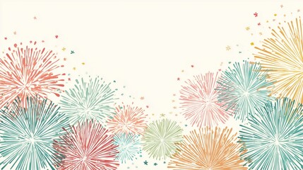 Abstract pastel fireworks bursts filling the bottom and right side, creating a festive background