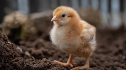 Beautiful close-up of a tiny chick in a rural farmyard environment showcasing fluffy feathers, natural colors, and adorable young bird in outdoor nature setting