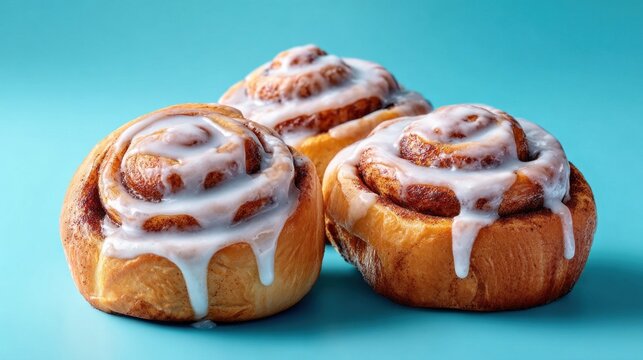 Delicious cinnamon rolls with icing on a vibrant blue background