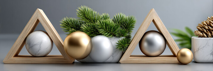 Minimalist Christmas decorations in a wooden tray with evergreen branches, white textured ornaments, frosted pine cones, and glowing LED lights creating a modern winter holiday composition