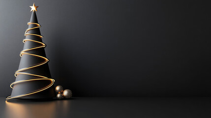 Abstract Christmas tree shape created by shimmering light trails and reflective dots, casting a subtle glow on a dark, wet looking surface, symbolizing festive modern design and holiday celebration