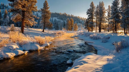Golden sunlit snow covered pine forest river stream with mist winter