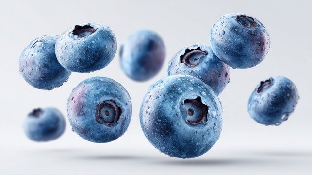 Fresh blueberries with water droplets floating against a soft white background