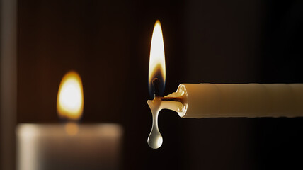 Closeup of a lit candle held horizontally with dripping wax
