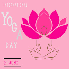 Minimalist Pink International Yoga Day Poster with Lotus Flower, Meditating Figure in Padmasana, Vector Design
