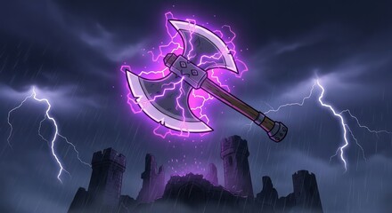 Enchanted double battle axe amidst a stormy castle landscape illustration backdrop