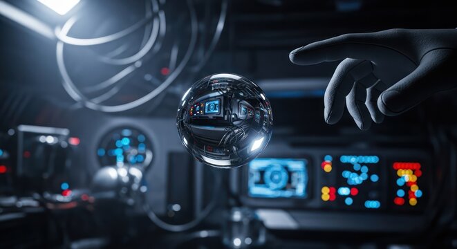Futuristic interface control with floating orbs in advanced spaceship cockpit