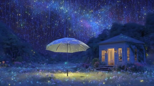Evening scene of a house with an umbrella surrounded by a glowing sky