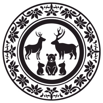 Black and white circular motif featuring woodland animals and floral border