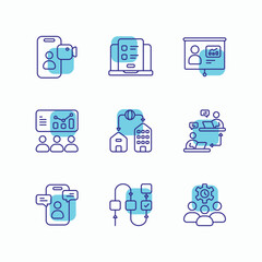 Remote Work Collection of business and technology icons in blue and white.