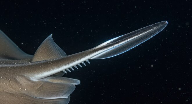 Profile of a sawshark showcasing its distinctive toothed rostrum against a deep ocean backdrop