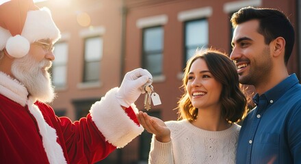 Happy European couple smiling in front of their new house as Santa Claus hands them the keys, celebrating Christmas and the joy of buying a home during the holidays.