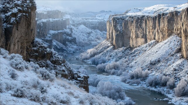 Snow covered canyon with river flowing through rocky cliffs and frosted trees winter water