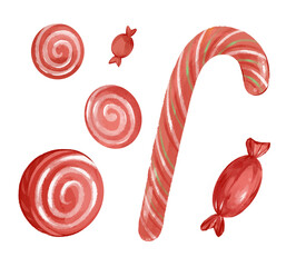 Watercolor candies set isolated on transparent background. Christmas treats cut out PNG. Bright hand drawn sweets. Big swirl candy, cane, wrapped caramel. Cute holiday element. Festive food collection