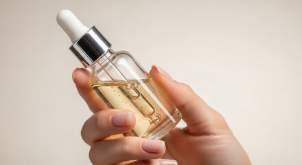 Close Up Of Female Hand Holding A Glass Skincare Serum Bottle With Dropper