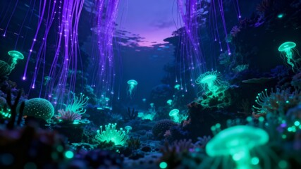 Naklejka premium Bioluminescent Deep Sea Alien Flora Glow Cyan Purple 4K Background AI 