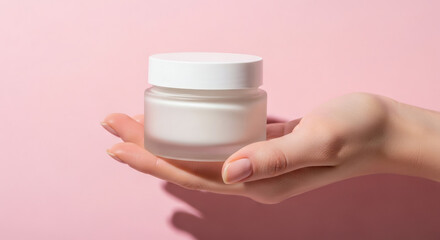 Hand Holding An Unbranded Skincare Cream Jar Minimal Cosmetic Product Scene