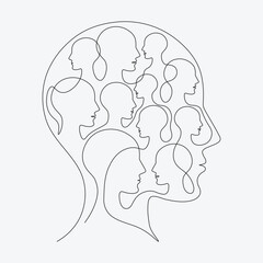 one line art of Metaphor bipolar disorder, Double face, Split personality, Parkinson, Dual personality and Mental health illness.