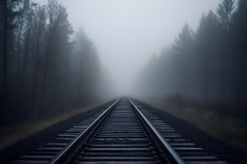 Atmospheric forest railway shot with old tracks receding into dense fog through woodland under moody dawn light and quiet solitude foggy morning in the forest