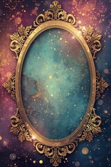 Opulent Gold Oval Frame with Sparkling Teal and Purple Fantasy Background Illustration