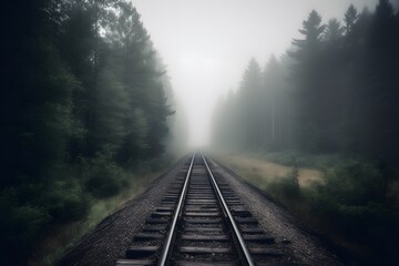 Minimalist moody landscape of railway tracks extending into misty forest horizon with soft light and mysterious nature ambiance railroad in fog
