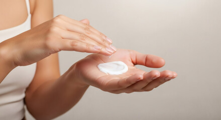 Hands Spreading Moisturizer Between Palms Mid Upper Body Crop Clean Minimal Product Demonstration