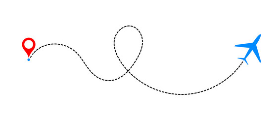 Airplane flying from a location point, dashed line path. A minimalist, conceptual illustration. 