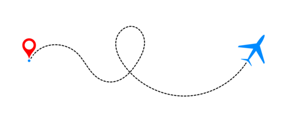 Airplane flying from a location point, dashed line path. A minimalist, conceptual illustration. 