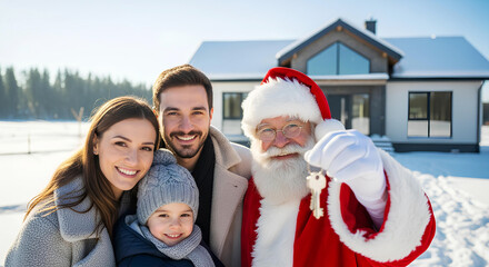 Obraz premium Happy European couple smiling in front of their new house as Santa Claus hands them the keys, celebrating Christmas and the joy of buying a home during the holidays.