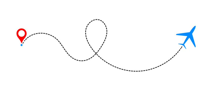 Airplane flying from a location point, dashed line path. A minimalist, conceptual illustration. 
