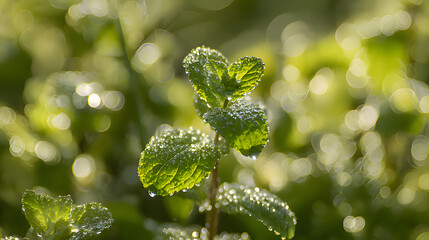 shallow. Fresh mint leaves with dewdrops in morning light, shallow depth botanical study. gardening catalogs, home-decor guides, designed for gardening and botanical catalogs, used by brand managers.