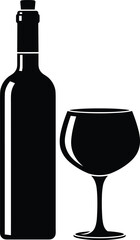 wine, bottle, glass, silhouette, drink, alcohol, black, white, illustration, design, beverage, dining, celebration, party, elegant, icon, hospitality, stemware, kitchen, bar