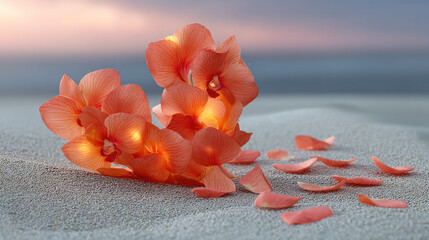 Orange orchid flower heart shape glowing on sandy beach at sunset, romantic and peaceful atmosphere, tropical petals scattered