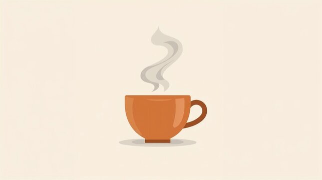 A clean, minimalist vector illustration of a coffee cup with steam rising. The cup is depicted in a flat design style, using two complementary colors – a warm, muted orange for the cup - Powered by Adobe