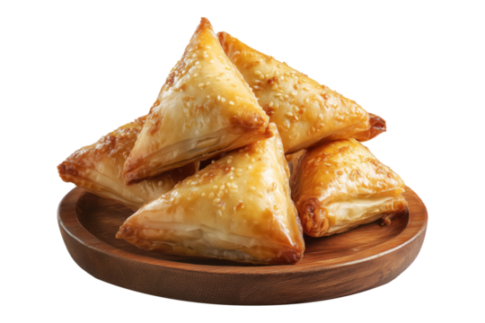 Briouat triangular fruit filled pastries, phyllo pastries filled with meat or almonds isolated on white transparent background, concept of Arabic sweet baked desserts