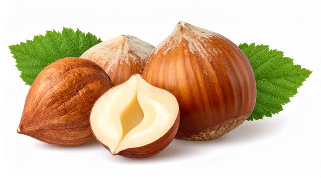 Whole and peeled hazelnuts on white background