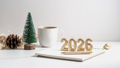 Stylish desk scene with a 2026 notebook with golden numbers and a cup of coffee next to a small Christmas tree.